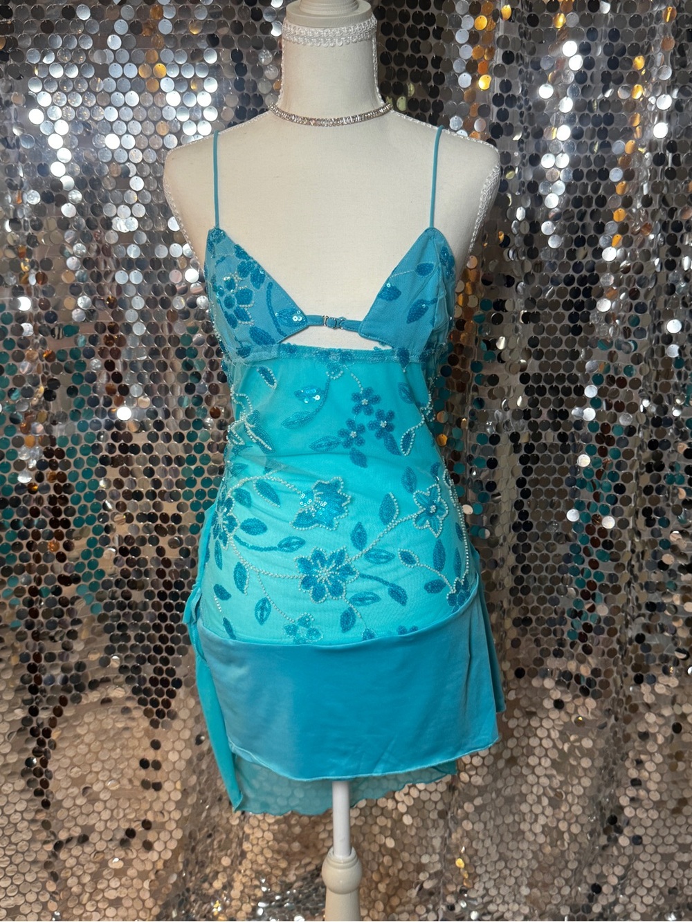 Turquoise Sequin Floral Slip Dress